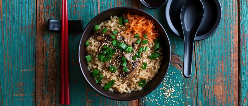 Dark ceramic bowl of ramen noodles topped with mushrooms, green onions, and carrots on a teal wooden table with red chopsticks and black spoon beside it