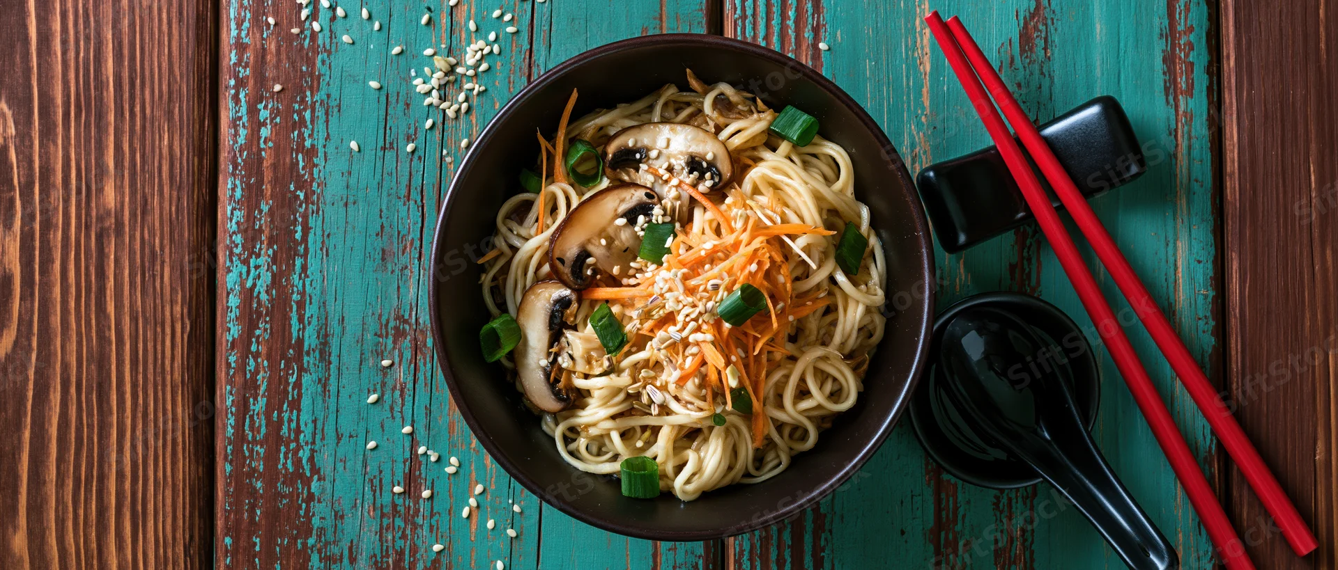 Dark ceramic bowl of ramen noodles with mushrooms, carrots, green onions and sesame seeds on a teal wooden table, accompanied by red chopsticks and a black spoon