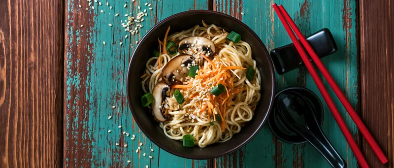 Dark ceramic bowl of ramen noodles with mushrooms, carrots, green onions and sesame seeds on a teal wooden table, accompanied by red chopsticks and a black spoon