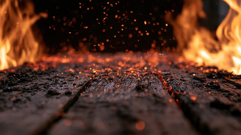 Charred wooden planks burning with flames and sparks at ground level