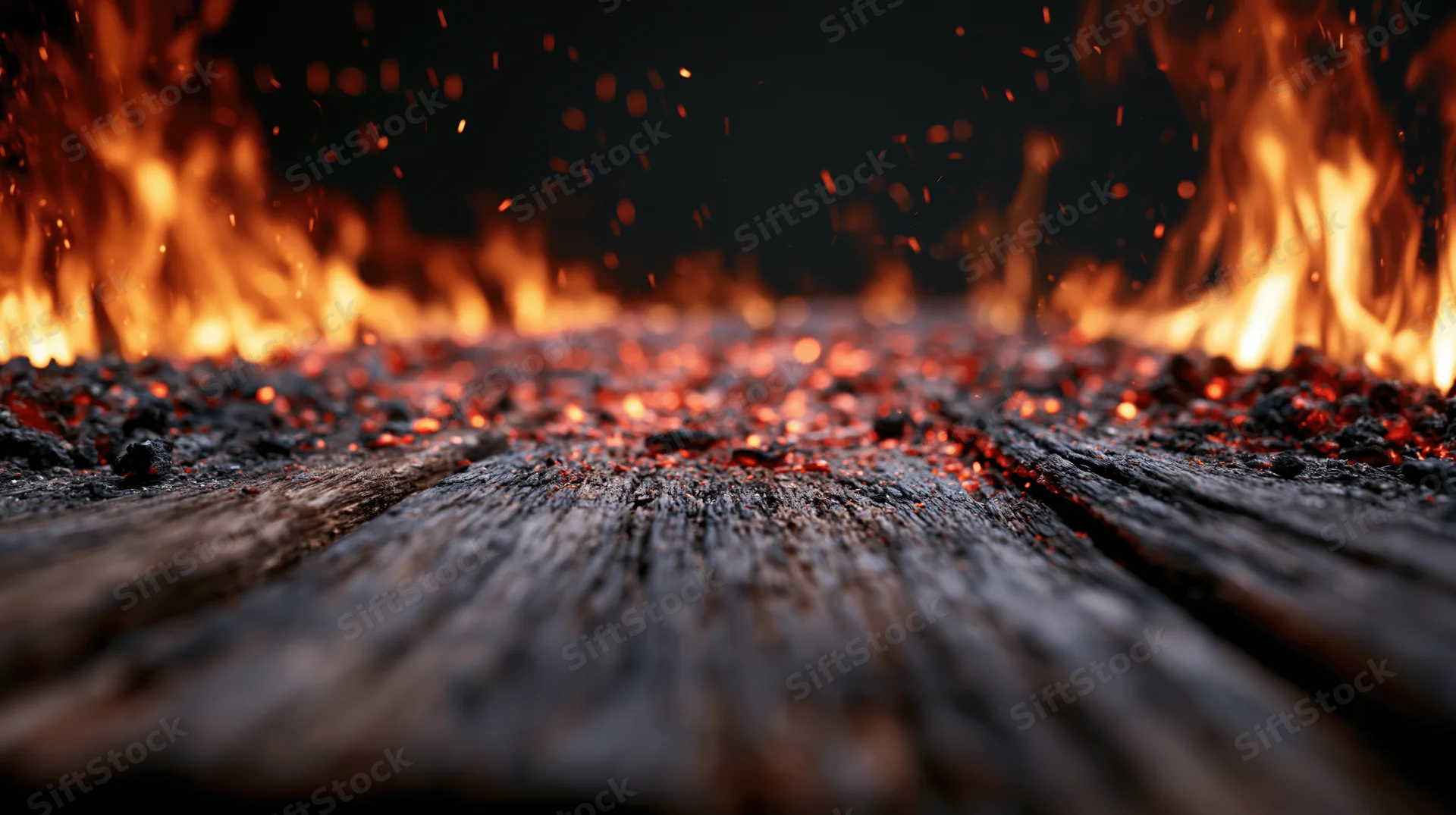 Flames burning across a charred wooden plank surface at ground level at night