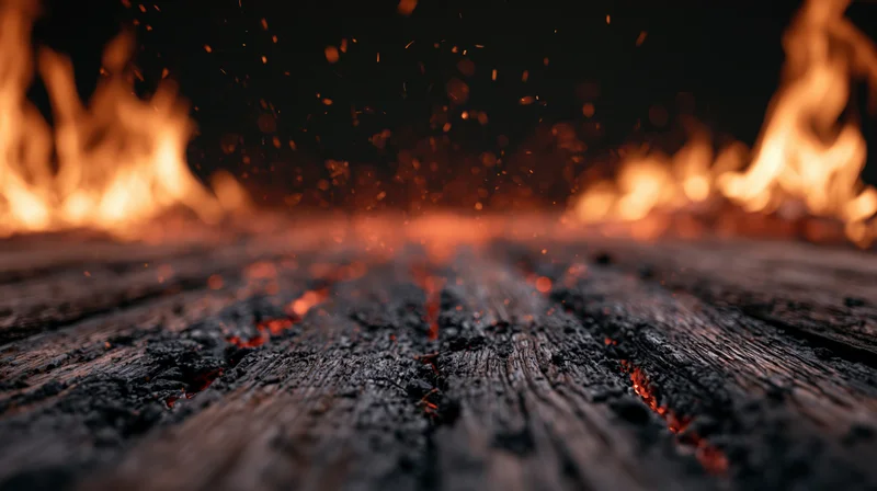 Charred wooden surface with flames and sparks at ground level at night