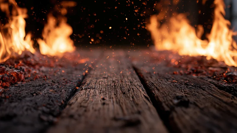 Flames and sparks rising from charred wooden planks at ground level