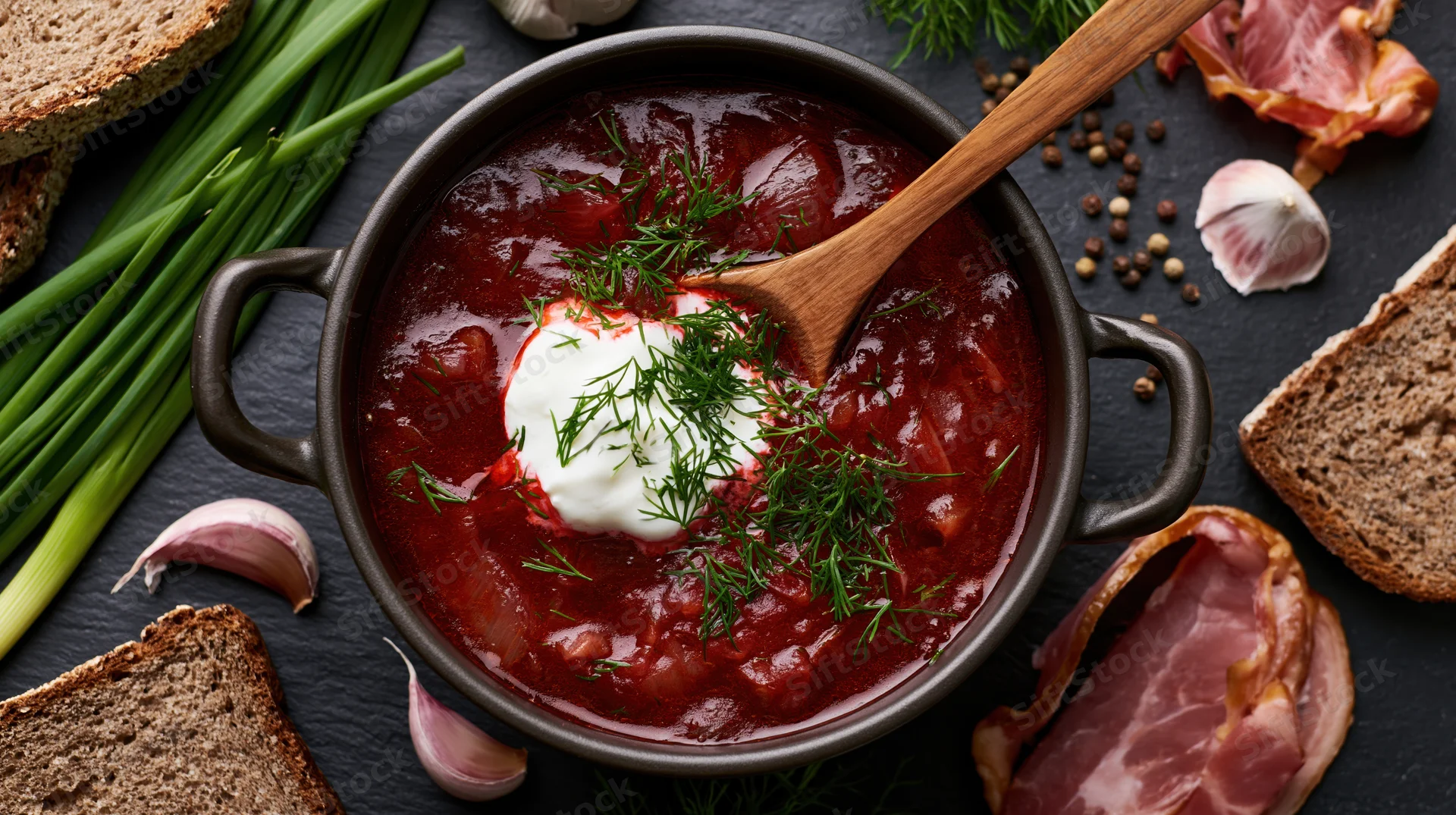 Deep red borscht in a dark metal pot with wooden spoon and garnishes, surrounded by bread, garlic, bacon, and green onions on a slate surface