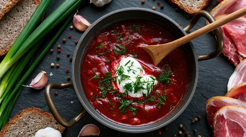Deep red borscht in a dark metal pot with wooden spoon and garnishes, surrounded by bread, garlic, green onions, and ham on a black slate surface, top view