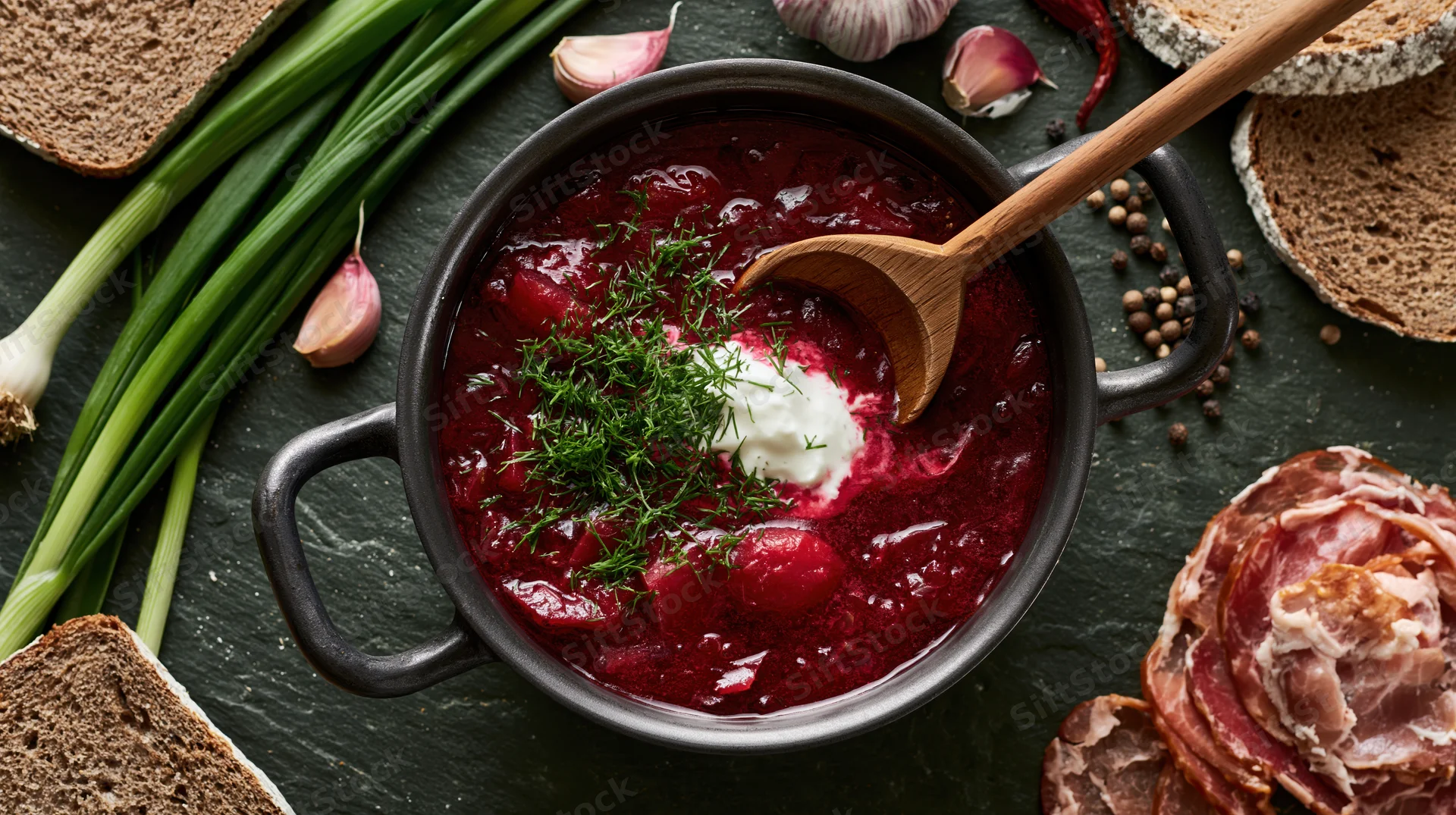 Deep red borscht in a dark metal pot with wooden spoon and garnish, surrounded by rye bread, garlic, green onions, and ham on slate surface
