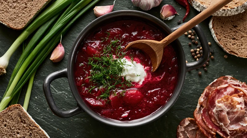 Deep red borscht in a dark metal pot with wooden spoon and garnish, surrounded by rye bread, garlic, green onions, and ham on slate surface