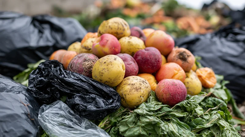 Rotting apples and potatoes piled on wilted leafy greens with black plastic bags in outdoor setting