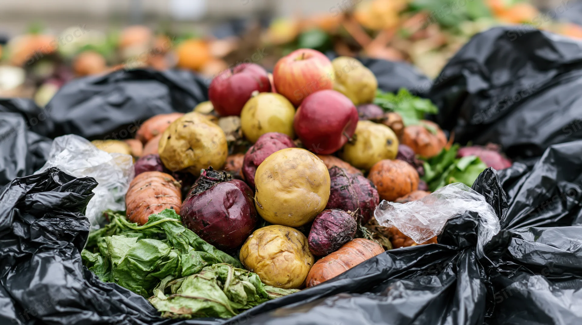 Discarded fruits and root vegetables piled on wilted leafy greens in black plastic bags