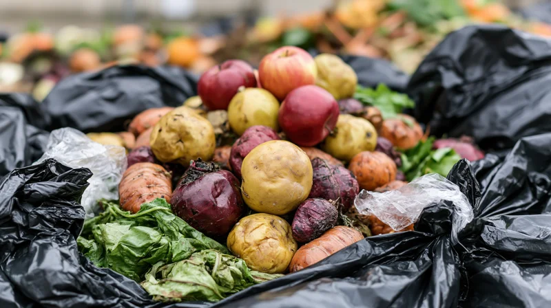 Discarded fruits and root vegetables piled on wilted leafy greens in black plastic bags