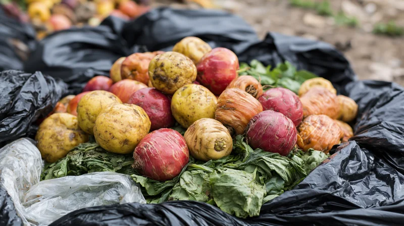 Discarded root vegetables and wilted greens piled on black plastic bags outdoors