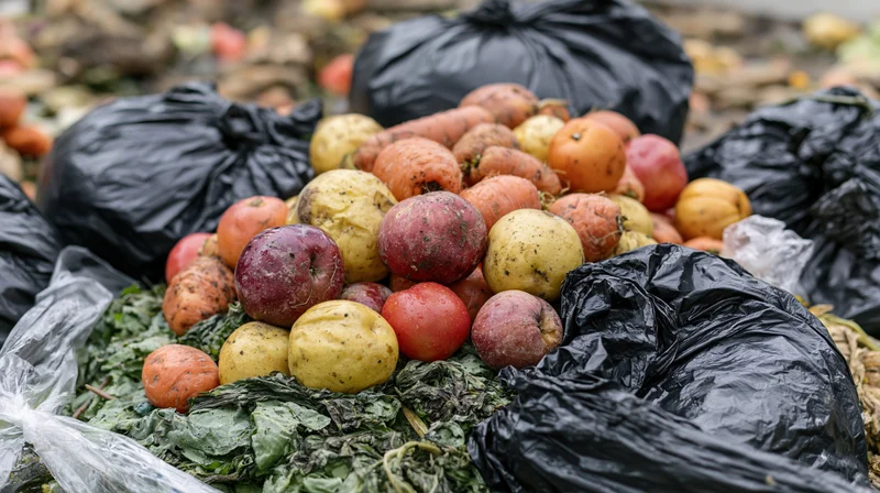 Discarded apples, potatoes, and carrots piled on wilted leafy greens with black trash bags around