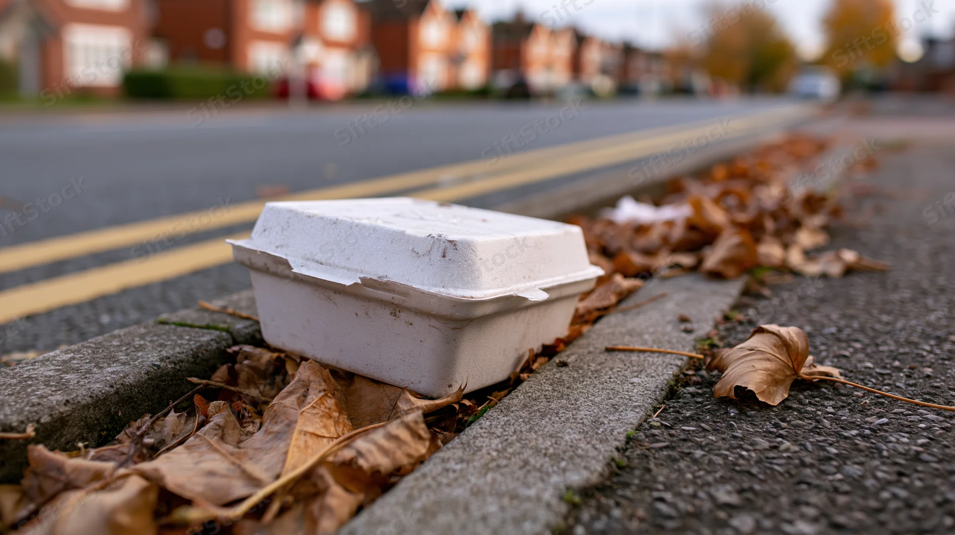 Discarded styrofoam takeaway box on a roadside gutter among fallen leaves