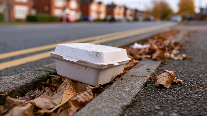 Discarded styrofoam takeaway box on a roadside gutter among fallen leaves