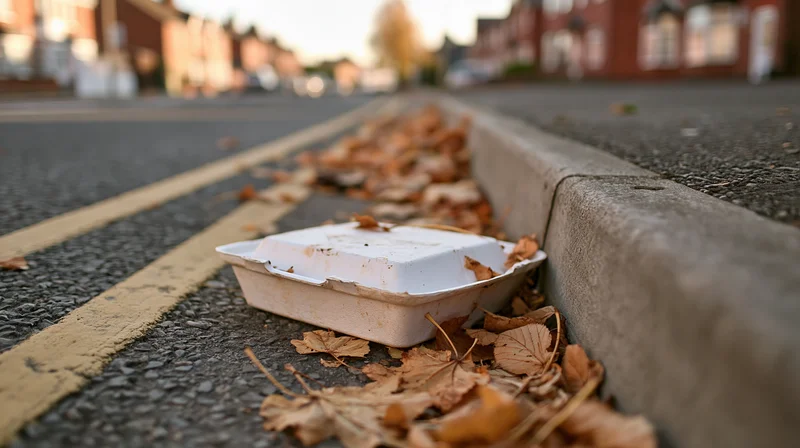 Discarded styrofoam takeaway box on a road gutter surrounded by autumn leaves in a residential street