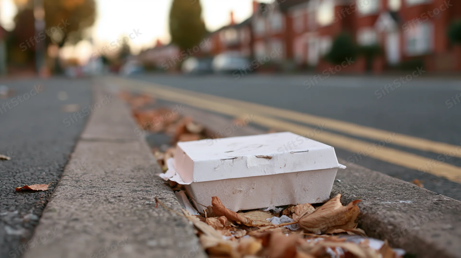 Discarded styrofoam takeaway box on a residential street gutter surrounded by fallen autumn leaves