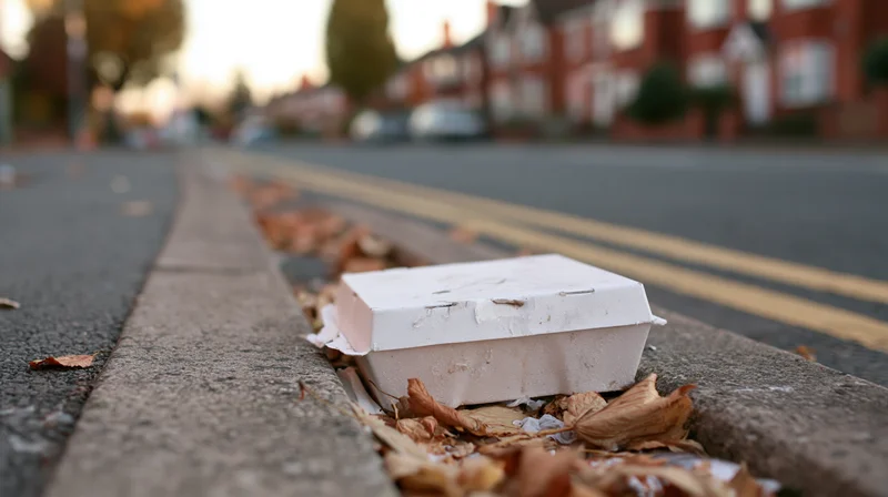 Discarded styrofoam takeaway box on a residential street gutter surrounded by fallen autumn leaves
