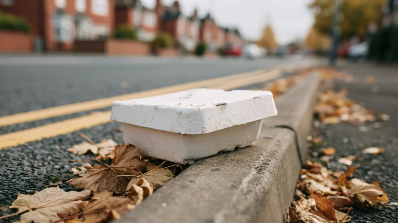 Discarded styrofoam takeaway box resting on a road gutter beside fallen autumn leaves in a residential street