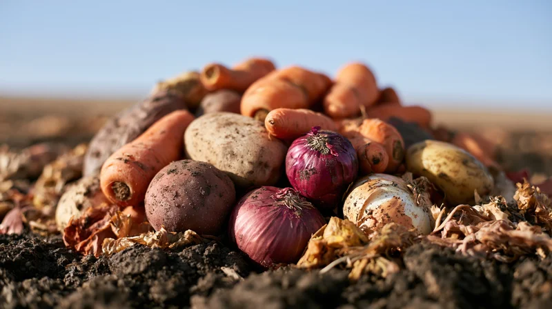 Pile of discarded carrots, potatoes, and red onions on soil in a field