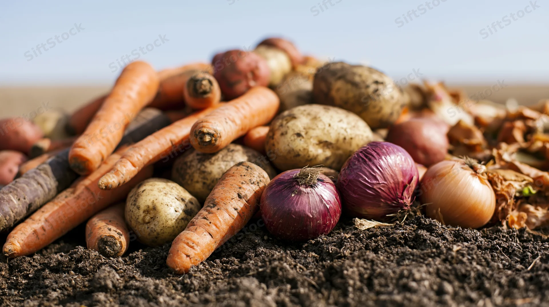 Pile of discarded carrots, potatoes, and red onions on soil outdoors