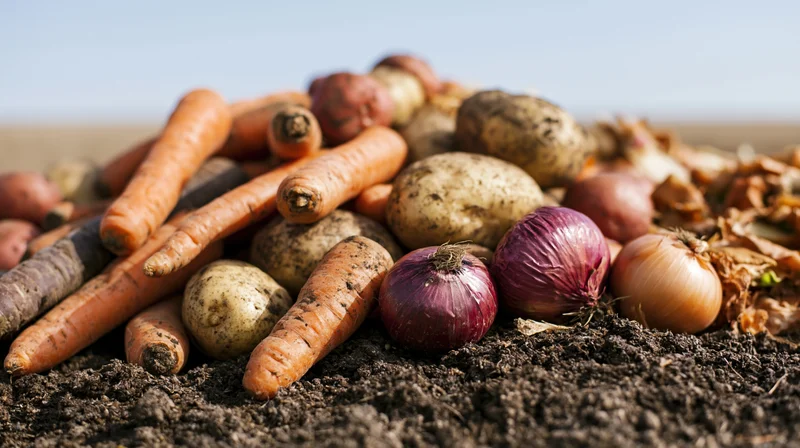 Pile of discarded carrots, potatoes, and red onions on soil outdoors