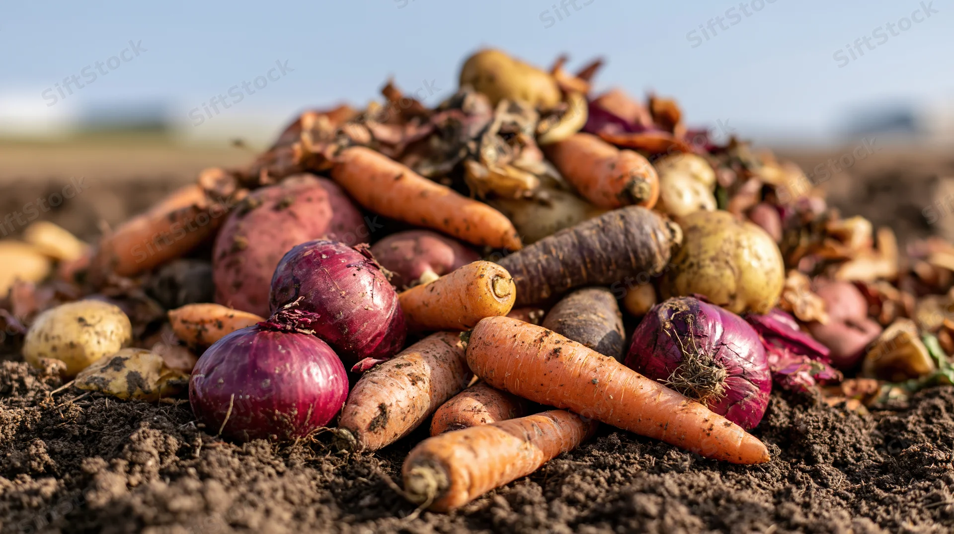 Pile of discarded carrots, potatoes, and red onions on soil in a field