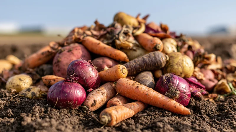 Pile of discarded carrots, potatoes, and red onions on soil in a field