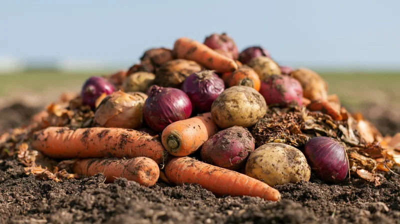Pile of discarded carrots, potatoes, and red onions on soil in a field
