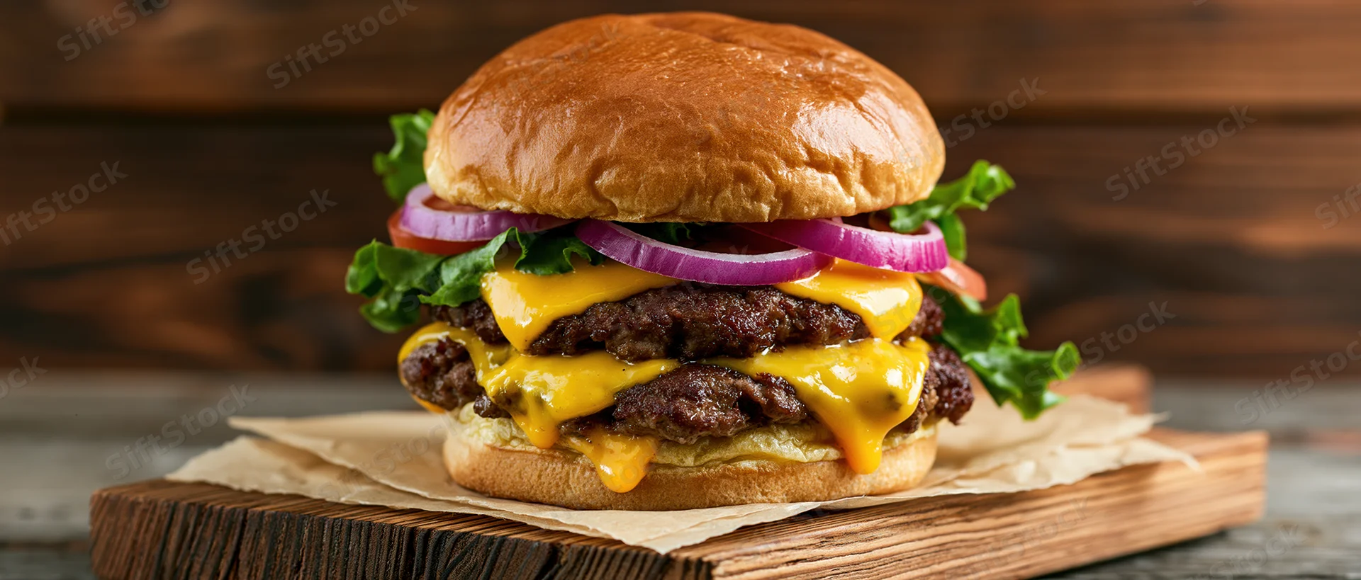 Double cheeseburger with two beef patties and melted american cheese on a wooden board