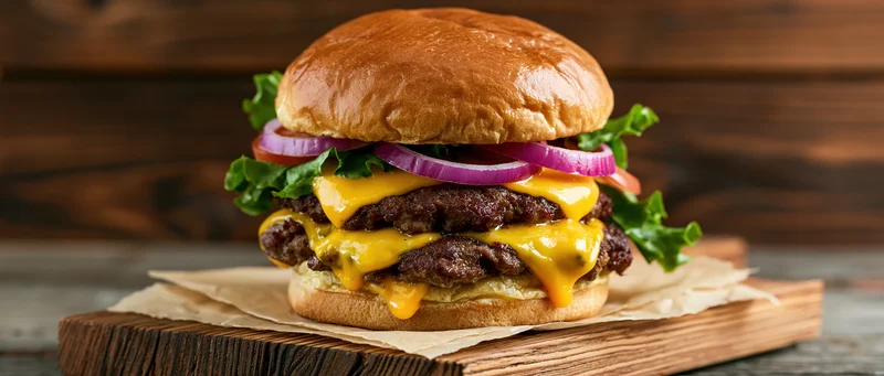 Double cheeseburger with two beef patties and melted american cheese on a wooden board