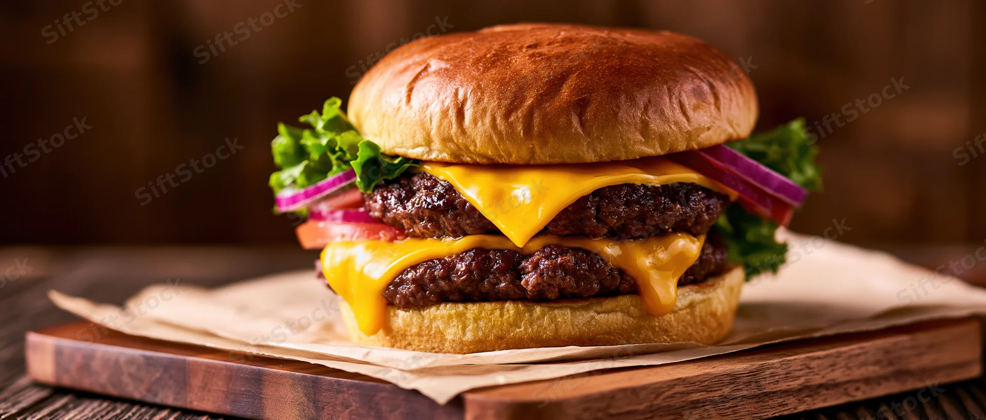 Double cheeseburger with two beef patties and melted american cheese on a wooden board