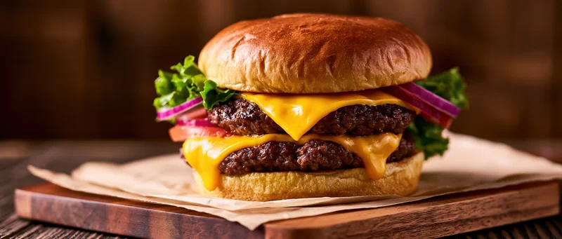 Double cheeseburger with two beef patties and melted american cheese on a wooden board