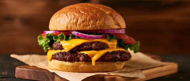 Double cheeseburger with two beef patties and melted american cheese on a wooden cutting board