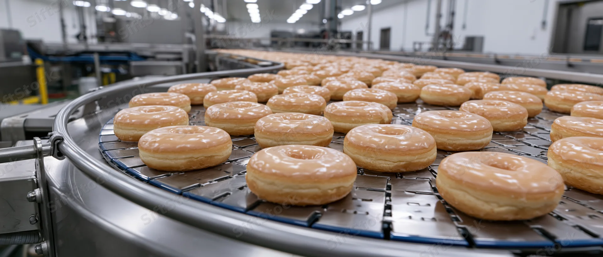 Glazed donuts moving along a curved conveyor belt in a bakery factory