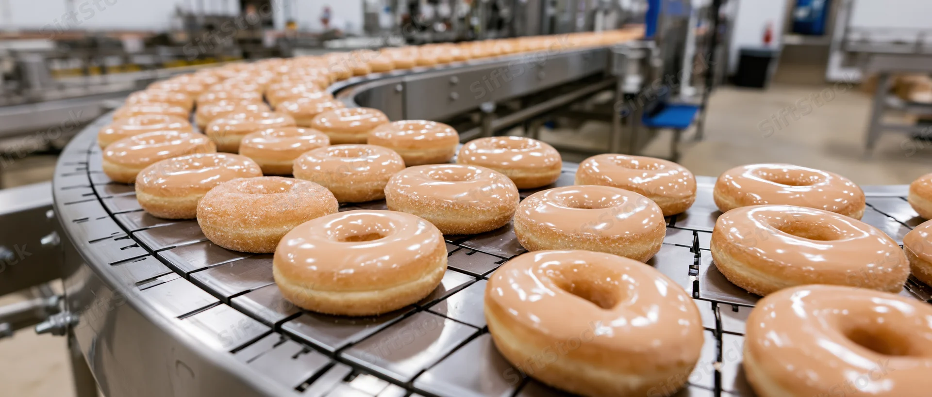 Glazed donuts moving along a curved conveyor belt in a bakery production line