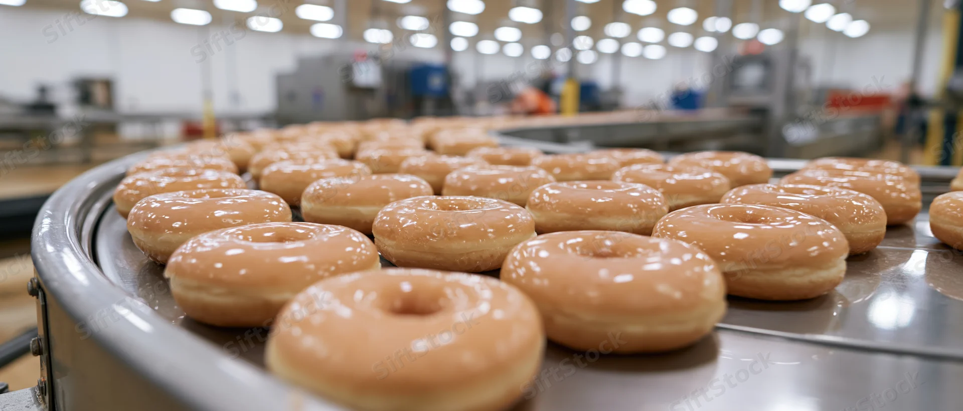 Glazed donuts moving along a curved conveyor in a bakery factory