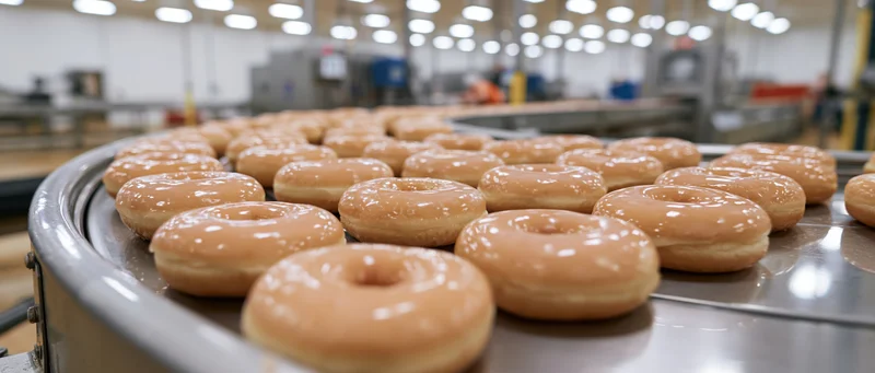 Glazed donuts moving along a curved conveyor in a bakery factory