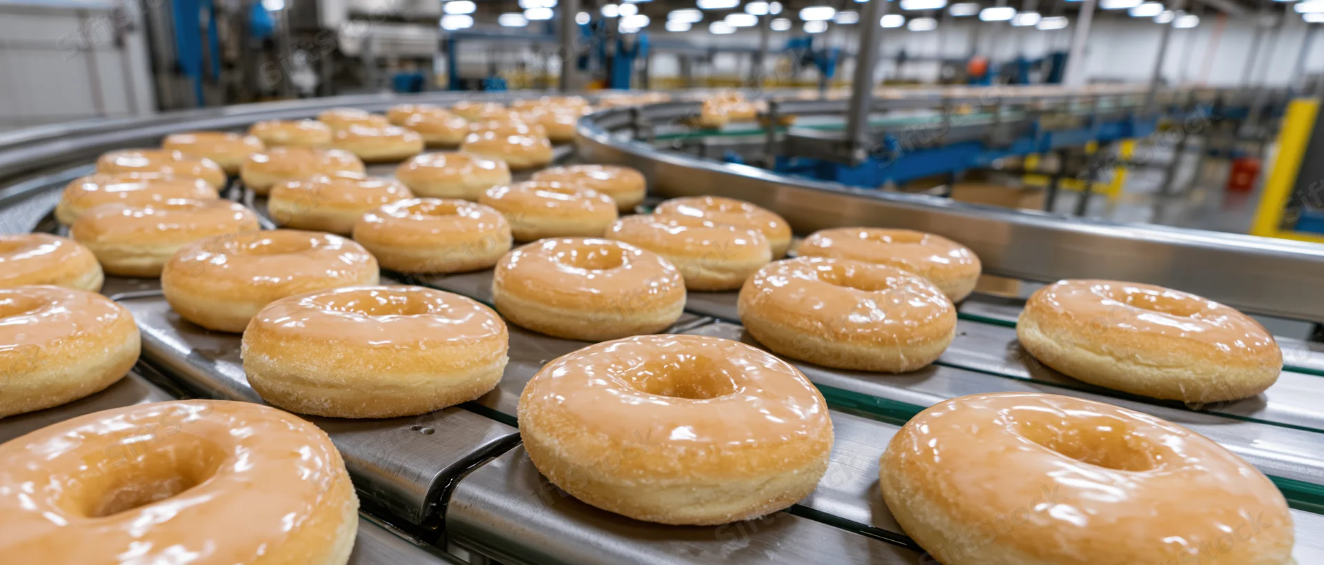 Glazed donuts moving along a curved conveyor belt in a bakery factory