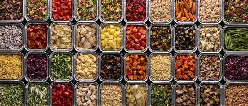 Dozens of aluminum foil takeout containers arranged in a grid, filled with various chopped vegetables, grains, and