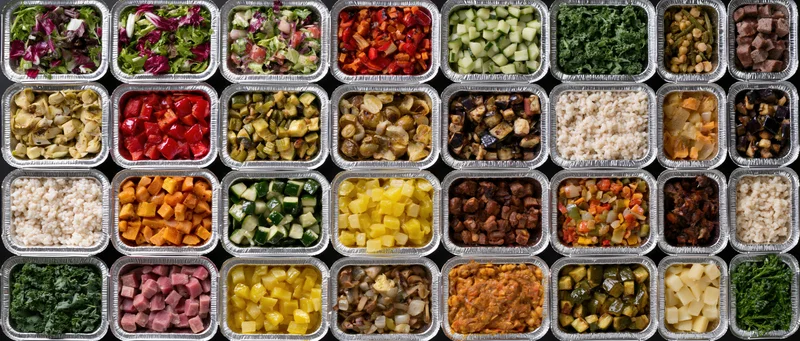 Grid of aluminum foil containers filled with chopped vegetables, meats, grains, and salads arranged in rows for meal prep or catering
