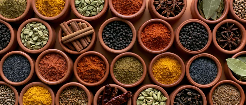 Overhead view of numerous small terracotta bowls filled with various spices arranged in a tight grid pattern