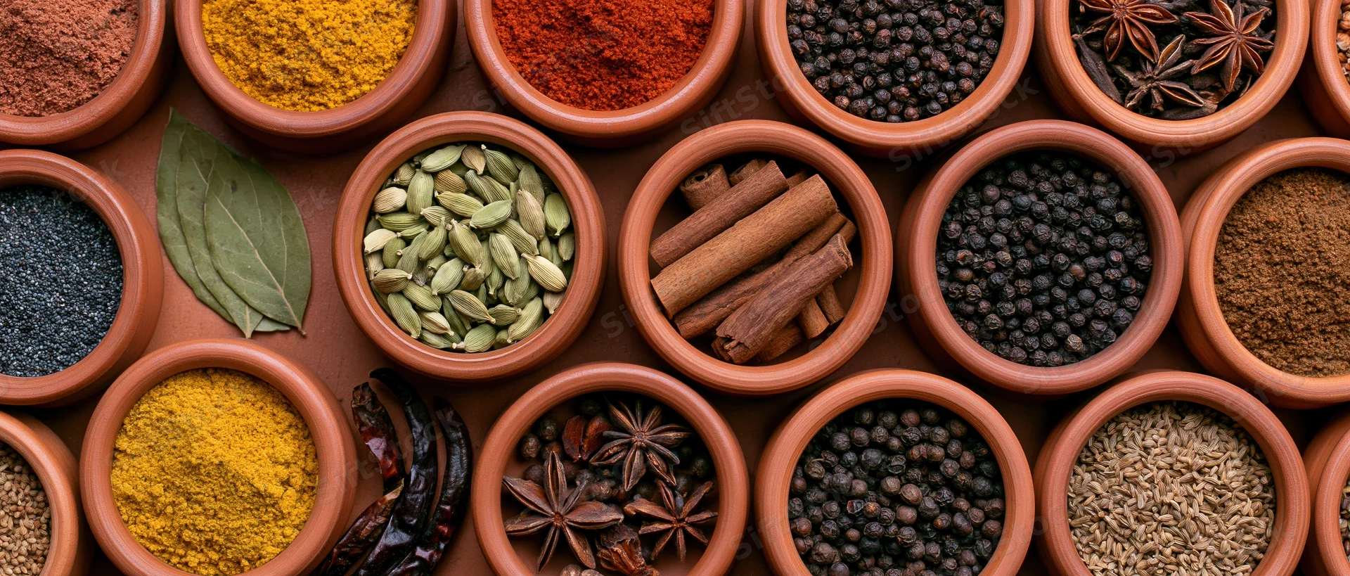Overhead view of terracotta bowls filled with various whole and ground spices arranged in a grid pattern on a wooden surface