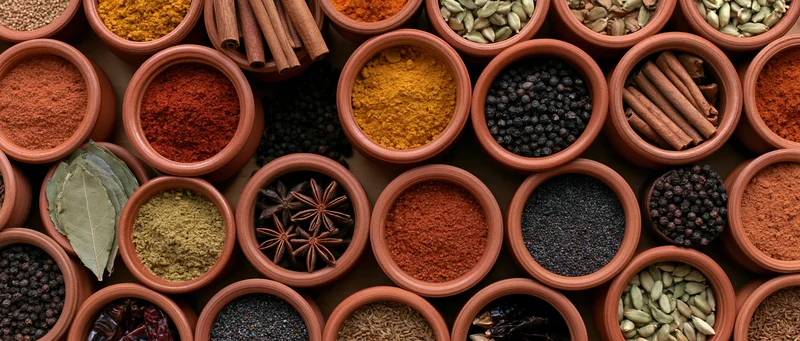Terracotta bowls filled with various spices arranged in a tight grid pattern