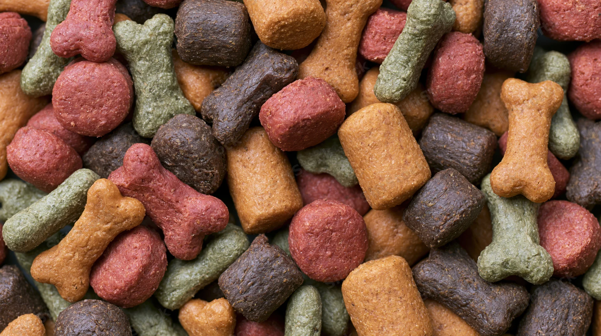 Closeup of mixed dry dog food kibble pieces in various shapes and colors filling the frame