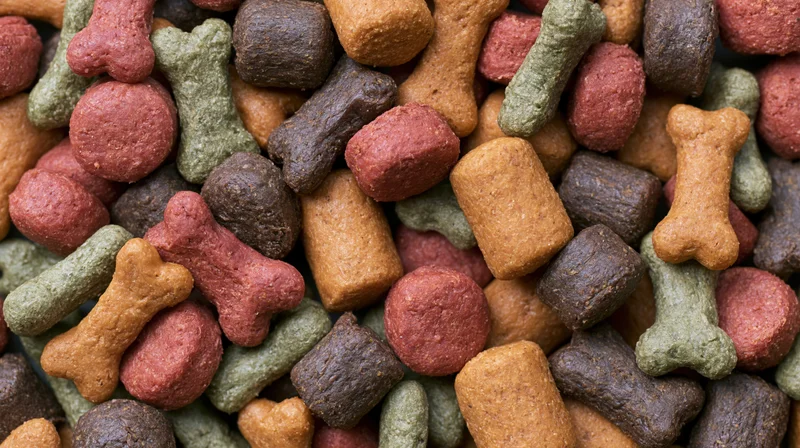 Closeup of mixed dry dog food kibble pieces in various shapes and colors filling the frame