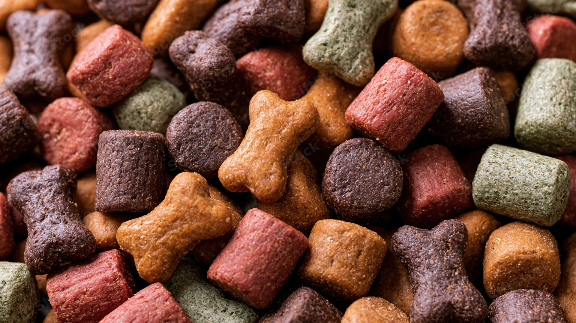 Closeup of mixed dry dog food kibble pieces in bone and cube shapes filling the frame