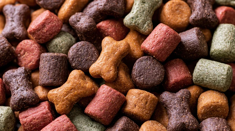 Closeup of mixed dry dog food kibble pieces in bone and cube shapes filling the frame