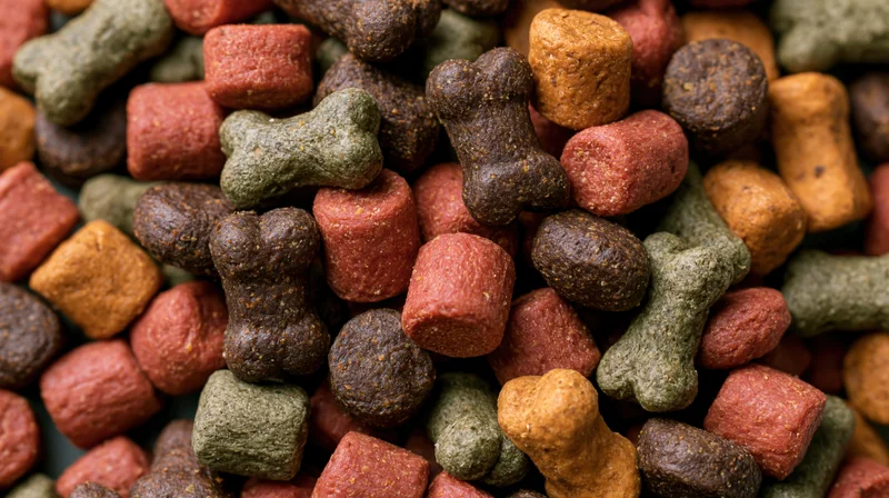 Closeup of mixed dry dog food kibble pieces in various shapes and colors filling the frame
