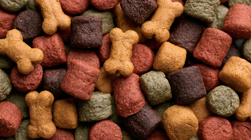 Closeup of mixed dry dog food kibble pieces in various shapes and colors filling the frame