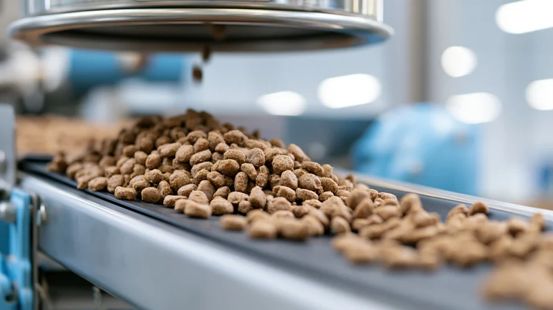 Dry pet food kibble moving along a stainless steel conveyor belt in a factory